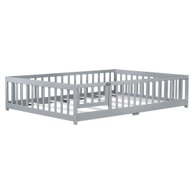 Rubber Wood Full Size Floor Bed With Fence, Door and Safety Guardrails