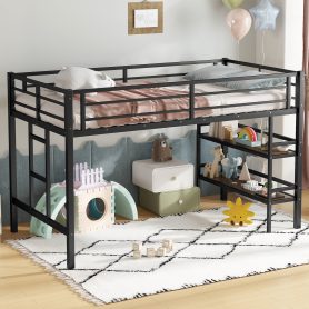 Twin Size Metal Loft Bed With Storage Shelf, Easy Climbing Ladder And Guardrails