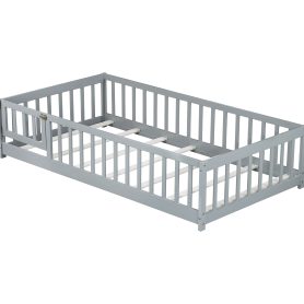 Rubber Wood Twin Size Floor Bed With Fence, Door and Safety Guardrails