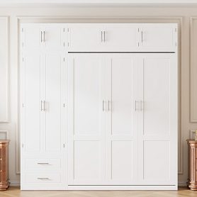 Queen Size Wall Murphy Bed With Top Cabinet, Shelves And Wardrobe