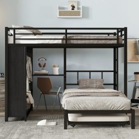 Metal Full Over Twin Bunk Bed With Built-in Wardrobe, Trundle, Foldable Desk, Ladders