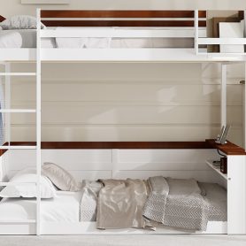 Queen Size Wooden Bunk Bed with Built-in Shelves, Storage Box, LED Light and USB Charging Station