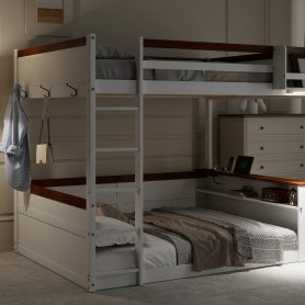 Queen Size Wooden Bunk Bed with Built-in Shelves, Storage Box, LED Light and USB Charging Station