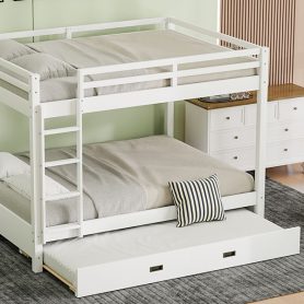 Wood Queen Size Bunk Bed with Ladder and Trundle