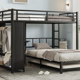 Metal Full Over Twin Bunk Bed With Built-in Wardrobe, Trundle, Foldable Desk, Ladders