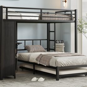 Metal Full Over Twin Bunk Bed With Built-in Wardrobe, Trundle, Foldable Desk, Ladders