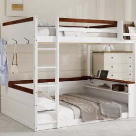 Queen Size Wooden Bunk Bed with Built-in Shelves, Storage Box, LED Light and USB Charging Station