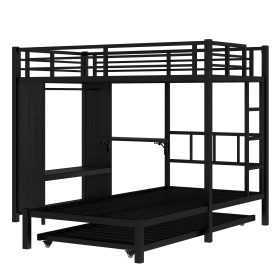 Metal Twin Over Twin Bunk Bed With Built-in Wardrobe, Trundle, Foldable Desk, Ladders