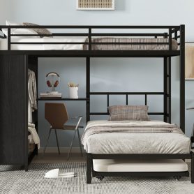 Metal Full Over Twin Bunk Bed With Built-in Wardrobe, Trundle, Foldable Desk, Ladders