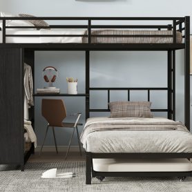 Metal Full Over Twin Bunk Bed With Built-in Wardrobe, Trundle, Foldable Desk, Ladders