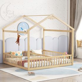 Double Twin House-style Floor Bed With Fence and Guardrails, Without Door