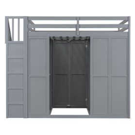 Wooden Full Size Loft Bed with Wardrobe, Desk and Shelves