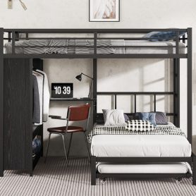 Metal Queen Over Twin Bunk Bed With Built-in Wardrobe, Trundle, Foldable Desk, Ladders