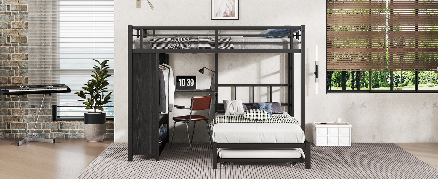 Metal Queen Over Twin Bunk Bed With Built-in Wardrobe, Trundle, Foldable Desk, Ladders 4 Metal Queen Over Twin Bunk Bed With Built-in Wardrobe, Trundle, Foldable Desk, Ladders