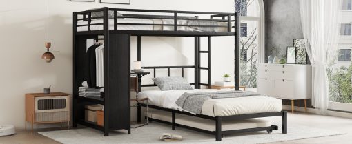 Metal Twin Over Twin Bunk Bed With Built-in Wardrobe, Trundle, Foldable Desk, Ladders