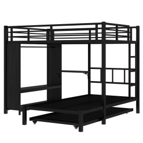 Metal Full Over Twin Bunk Bed With Built-in Wardrobe, Trundle, Foldable Desk, Ladders