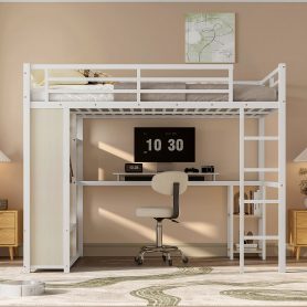 Metal Queen Size Loft Bed With Built-in Wardrobe, Desk And Storage Shelves