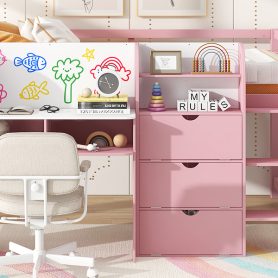 Full Size Low Loft Bed With Built-in Desk, Storage Cabinets And Open Bookcase 26 Full Size Low Loft Bed With Built-in Desk, Storage Cabinets And Open Bookcase