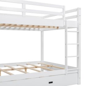 Wood Queen Size Bunk Bed with Ladder and Trundle