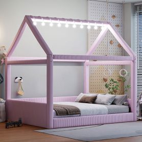 Full Size Upholstered House Daybed with LED Light Strips