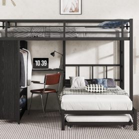 Metal Queen Over Twin Bunk Bed With Built-in Wardrobe, Trundle, Foldable Desk, Ladders 24 Metal Queen Over Twin Bunk Bed With Built-in Wardrobe, Trundle, Foldable Desk, Ladders
