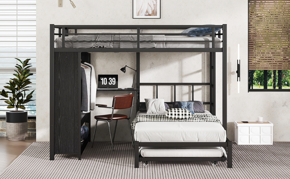 Metal Queen Over Twin Bunk Bed With Built-in Wardrobe, Trundle, Foldable Desk, Ladders 7 Metal Queen Over Twin Bunk Bed With Built-in Wardrobe, Trundle, Foldable Desk, Ladders