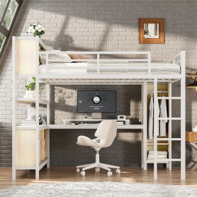 Metal Queen Size Loft Bed With Wardrobe, L-shaped Desk, Storage Cubes And Shelve