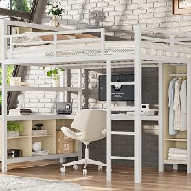 Metal Queen Size Loft Bed With Wardrobe, L-shaped Desk, Storage Cubes And Shelve