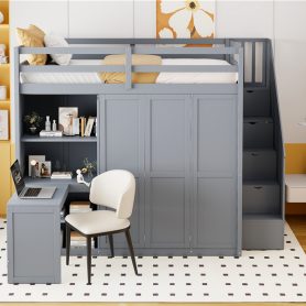 Wooden Full Size Loft Bed with Wardrobe, Desk and Shelves