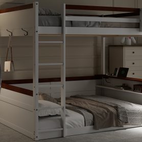 Queen Size Wooden Bunk Bed with Built-in Shelves, Storage Box, LED Light and USB Charging Station