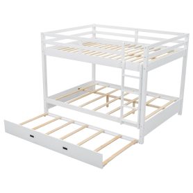 Wood Queen Size Bunk Bed with Ladder and Trundle
