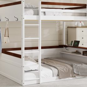 Queen Size Wooden Bunk Bed with Built-in Shelves, Storage Box, LED Light and USB Charging Station