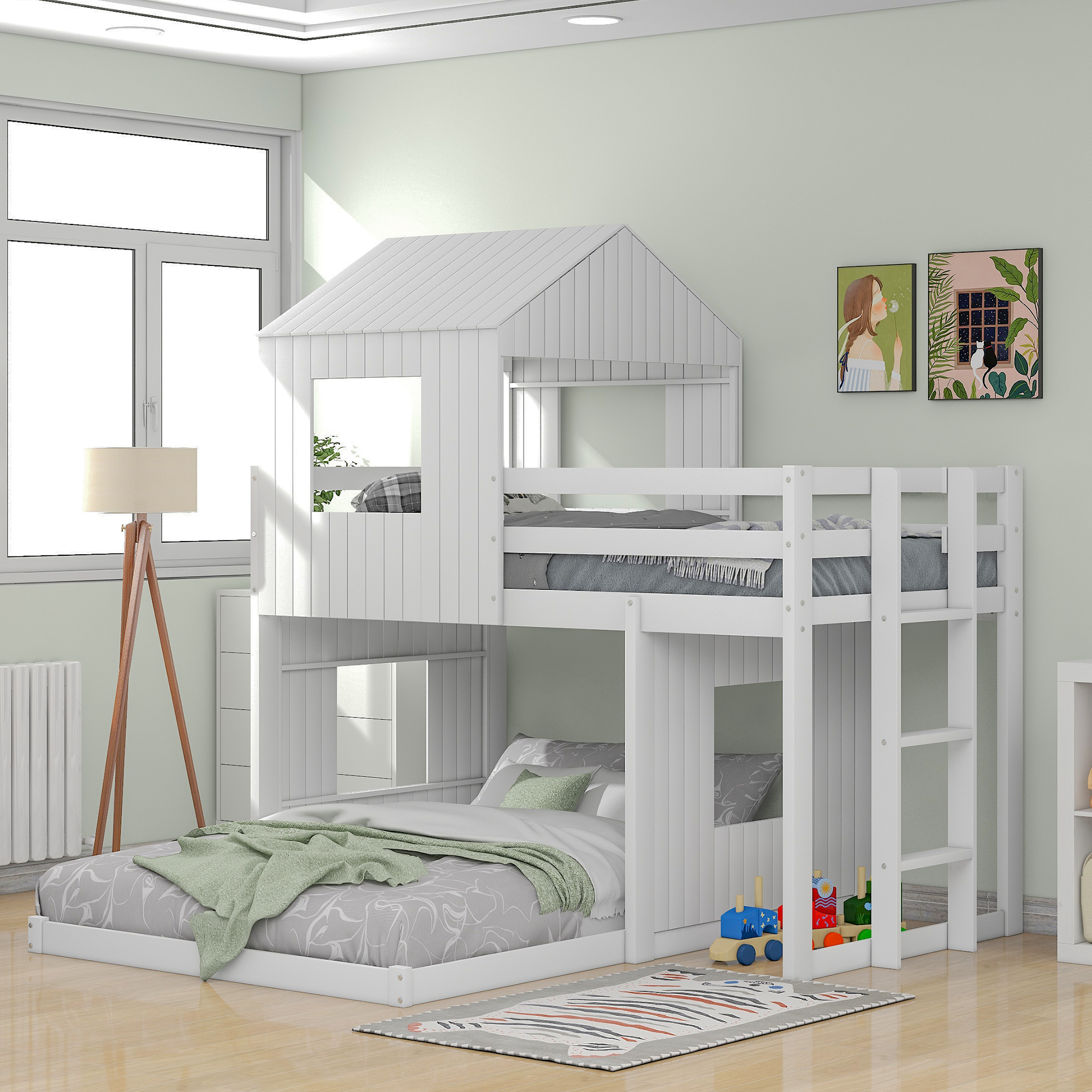Wooden Twin Over Full Bunk Bed With Playhouse, Ladder And Guardrails