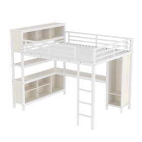 Metal Queen Size Loft Bed With Wardrobe, L-shaped Desk, Storage Cubes And Shelve