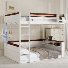 Queen Size Wooden Bunk Bed with Built-in Shelves, Storage Box, LED Light and USB Charging Station
