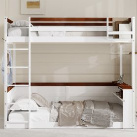 Queen Size Wooden Bunk Bed with Built-in Shelves, Storage Box, LED Light and USB Charging Station