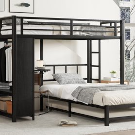 Metal Twin Over Twin Bunk Bed With Built-in Wardrobe, Trundle, Foldable Desk, Ladders