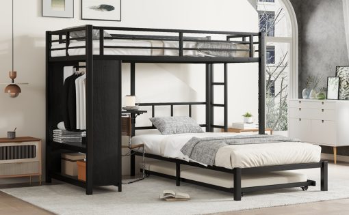 Metal Twin Over Twin Bunk Bed With Built-in Wardrobe, Trundle, Foldable Desk, Ladders