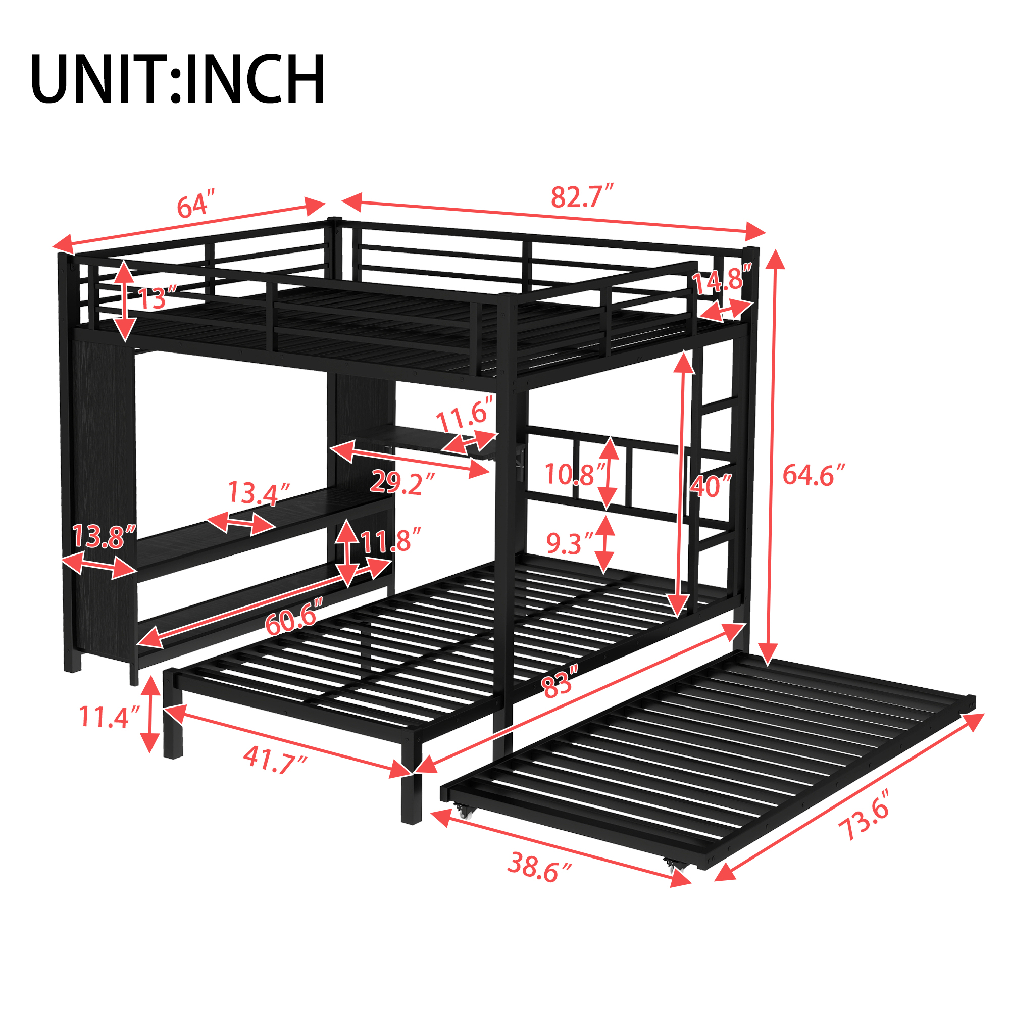Metal Queen Over Twin Bunk Bed With Built-in Wardrobe, Trundle, Foldable Desk, Ladders 18 Metal Queen Over Twin Bunk Bed With Built-in Wardrobe, Trundle, Foldable Desk, Ladders