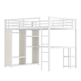 Metal Queen Size Loft Bed With Built-in Wardrobe, Desk And Storage Shelves