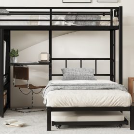 Metal Twin Over Twin Bunk Bed With Built-in Wardrobe, Trundle, Foldable Desk, Ladders