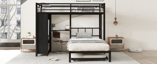 Metal Twin Over Twin Bunk Bed With Built-in Wardrobe, Trundle, Foldable Desk, Ladders