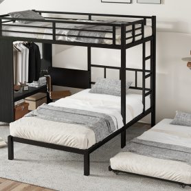 Metal Twin Over Twin Bunk Bed With Built-in Wardrobe, Trundle, Foldable Desk, Ladders