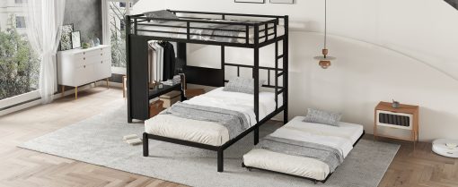 Metal Twin Over Twin Bunk Bed With Built-in Wardrobe, Trundle, Foldable Desk, Ladders