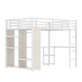 Metal Queen Size Loft Bed With Built-in Wardrobe, Desk And Storage Shelves