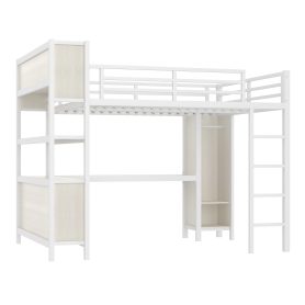 Metal Queen Size Loft Bed With Wardrobe, L-shaped Desk, Storage Cubes And Shelve