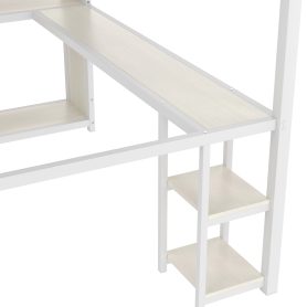 Metal Queen Size Loft Bed With Built-in Wardrobe, Desk And Storage Shelves