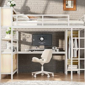 Metal Queen Size Loft Bed With Wardrobe, L-shaped Desk, Storage Cubes And Shelve