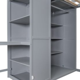 Wooden Full Size Loft Bed with Wardrobe, Desk and Shelves