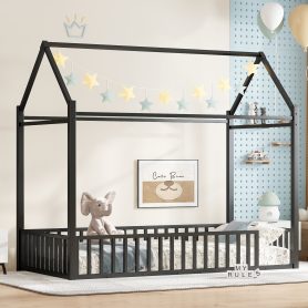 Twin Size House Floor Bed with Detachable Slats